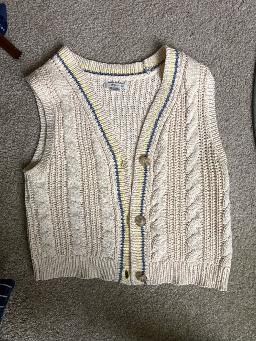 American Eagle Outfitters Cream Cable Knit Button Vest with Blue & Yellow Trim